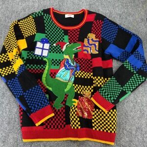 Holiday Time‎ T-Rex Dinosaur Ugly Christmas Sweater Patchwork Multi Size L